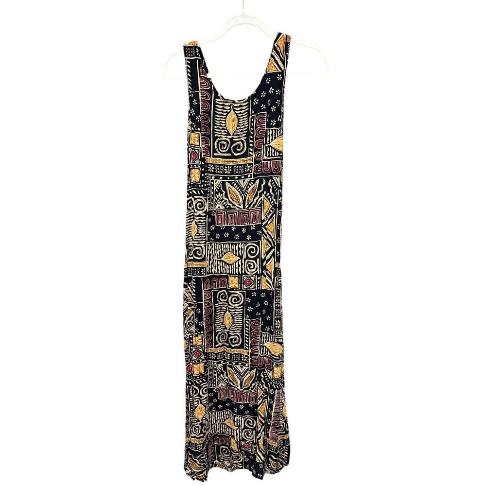 Vintage 90s Studio Style Midi Black Dress Large Tribal Nature Crunchy Leaf